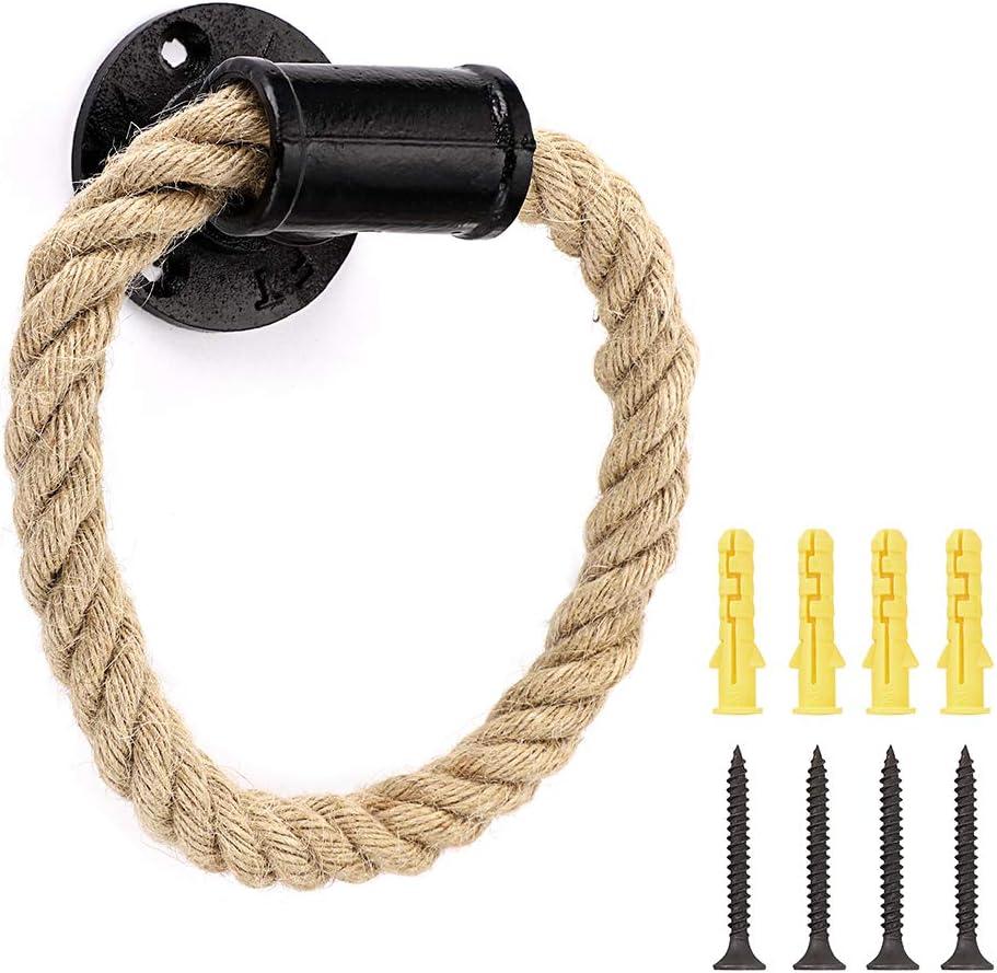 Sumnacon Industrial Pipe Rope Towel Ring - Wall-Mounted Metal Towel Rack/Bar with Hardware,Vintage Style Iron Hand Towel Holder for Shower/Bathroom/Bedroom/Kitchen, Electroplated Black Finish