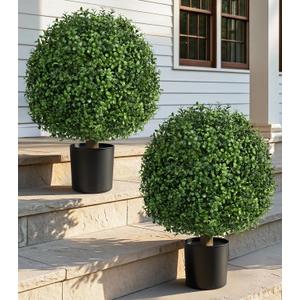 DREAMLOOM Boxwood Topiary Trees Artificial Outdoor Ball in Planter, 20in Outdoor Indoor Realistic Fake Plants Shrubs for Front Porch Decor, Faux Bushes Plants for Home Front Door Offices, Set of 2