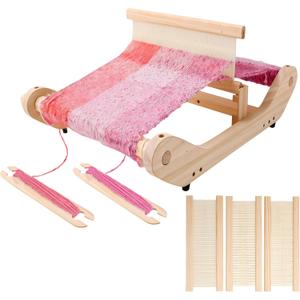 12 Inch Wooden Weaving Loom Kit for Adults Beginners, Multi-Craft Frame Loom with Rigid Heddle Shed Stick & Yarn Stand, Portable Warping Threads Loom with Adjustable Pegs and Weaving Tools