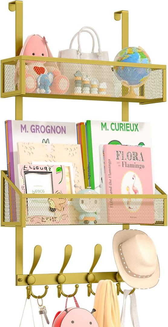 Over The Door Hooks Organizer, Coat Rack Over The Door Storage Hanger Towel Rack, Back of Door Storage Organizer for Bathroom,Bedroom,Kitchen,Office (Gold, 3-Tier)