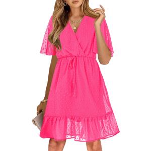 KIRUNDO Women Casual Summer Fall Dresses Long Sleeve Floral Wrap V Neck High Waist Ruffle Tiered A Line Flowy Mini Dress (Pink, M)