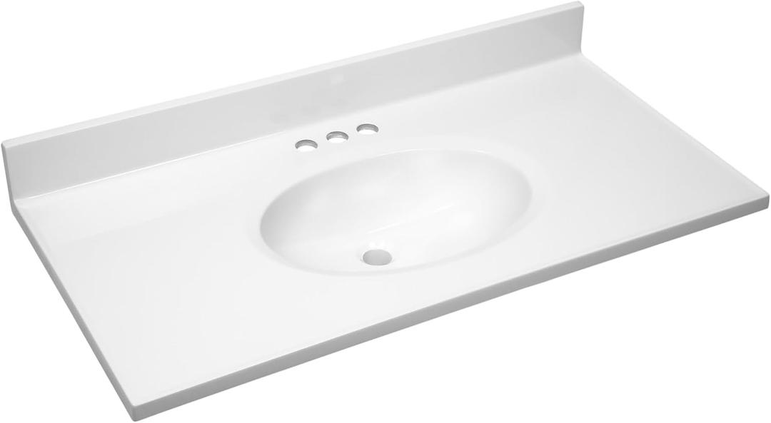 Design House 37-In-Wide Vanity Top Sink, 4-In. Backsplash, Cultured Marble, Stain-Resistant, Pre-Drilled Centerset Holes, White, 37.0 In. W x 19.0 In. D x 10.6 In. H, 586206