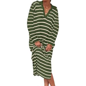 Saodimallsu Womens Striped Sweater Dress Fall Chunky Knit V Neck Collared Long Sleeve Sexy Slit Loose Midi Dresses (Green)