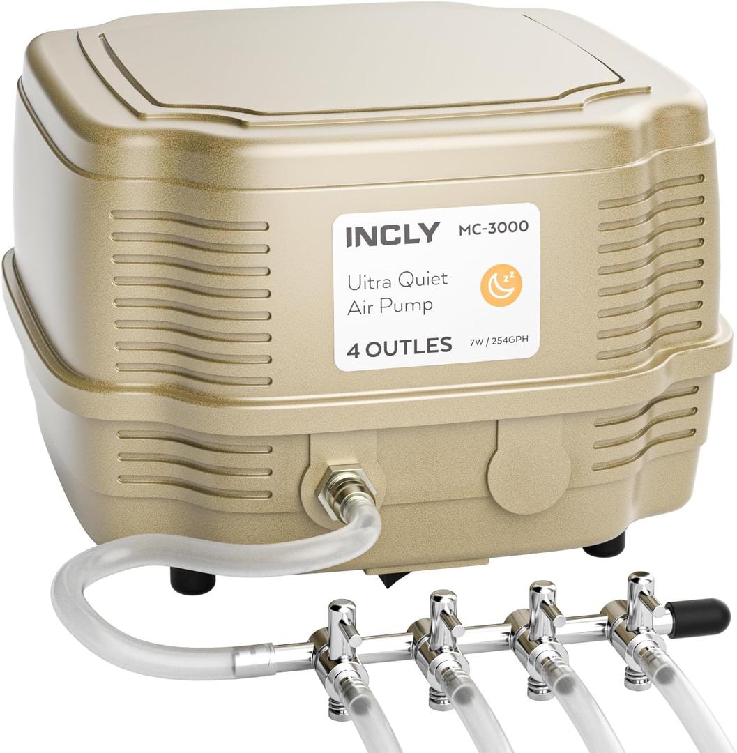 INCLY 7W Ultra Silent Aquarium Air Pump - 245 Gallon/Hr, 4 Adjustable Outlets - Commercial & Hydroponics Oxygen Bubbler for Fish Tank & Pond