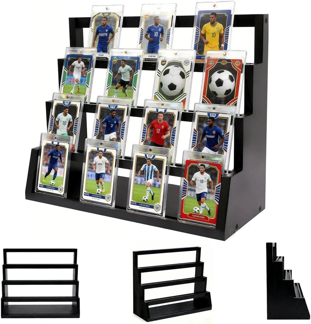 Card Display Stand 4-Tier Graded Wooden Sports Card Display CaseCard Holder Display for Trading Cards, Game Cards, Sports Cards, Baseball& Basketball&Soccer Card for Card Collection & Show