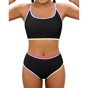 XUNYU Teen Girls Swimsuit 2 Piece Bathing Suit Tummy Control Girls' Swimwear High Waisted Bikini Sets Cute Floral Swim Suits (14-16 Years)