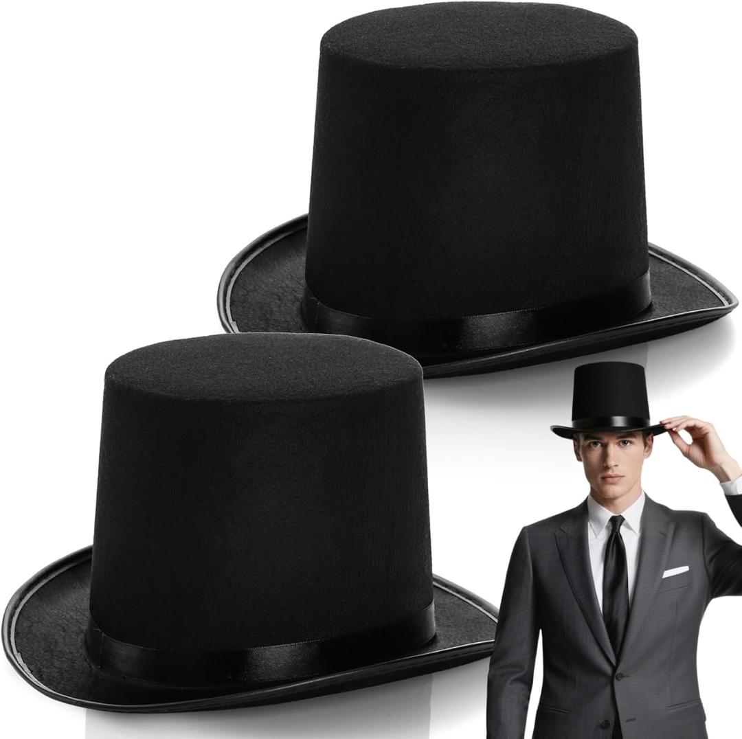 2 Pack Black Felt Top Hat, Funny Party Stovepipe Hat, Formal Tuxedo Vampire Costume Hat, Dress Up Victorian Hat for Cosplay, Halloween, Unisex