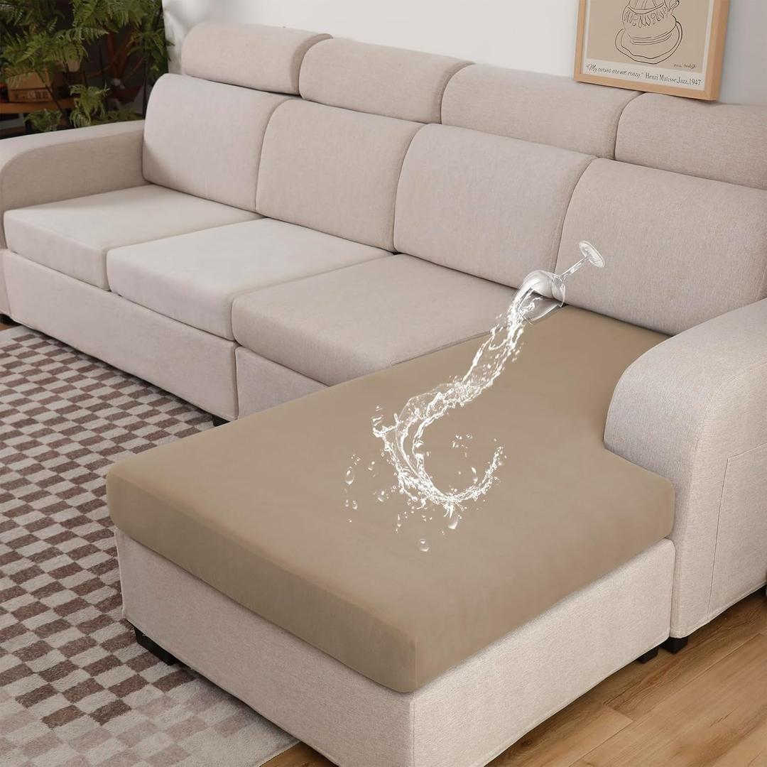 100% Waterproof Couch Cushion Covers L Shaped Chaise Cover, Stretch Seat Covers for Sectional Sofa, Reversible Couch Sofa Protector Covers for Kids Pets (Chaise Cover, Sand)