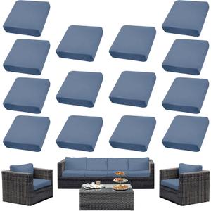 14Pcs Outdoor Cushion Covers, Patio Cushion Covers,Stretch Elastic Slipcovers, Replacement Washable & Reusable Furniture Protector for Patio Couch (Gray-Blue,Cover Only)