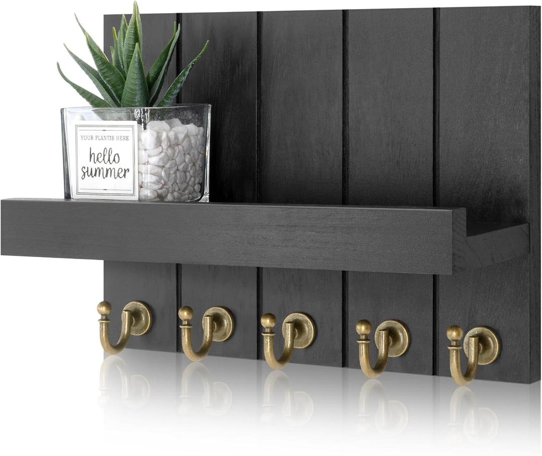 Decorative Farmhouse Key Holder for Wall - Modern Key Racks for Wall Decor Living Room and Mail Organizer with Shelf for Apartment Essentials - Home Decor Aesthetic (Black, 3.54"D x 10"W x 7.28"H)