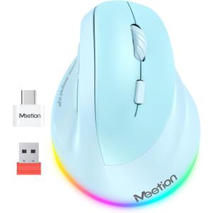 MEETION Ergonomic Mouse, Wireless Vertical Mouse RGB Backlit Rechargeable Mice for Bluetooth(5.2 + 3.0) & USB-A with Type-c Adapter 4 Adjustable DPI Mac/Windows/Andriod/PC/Tablet/iPad Blue
