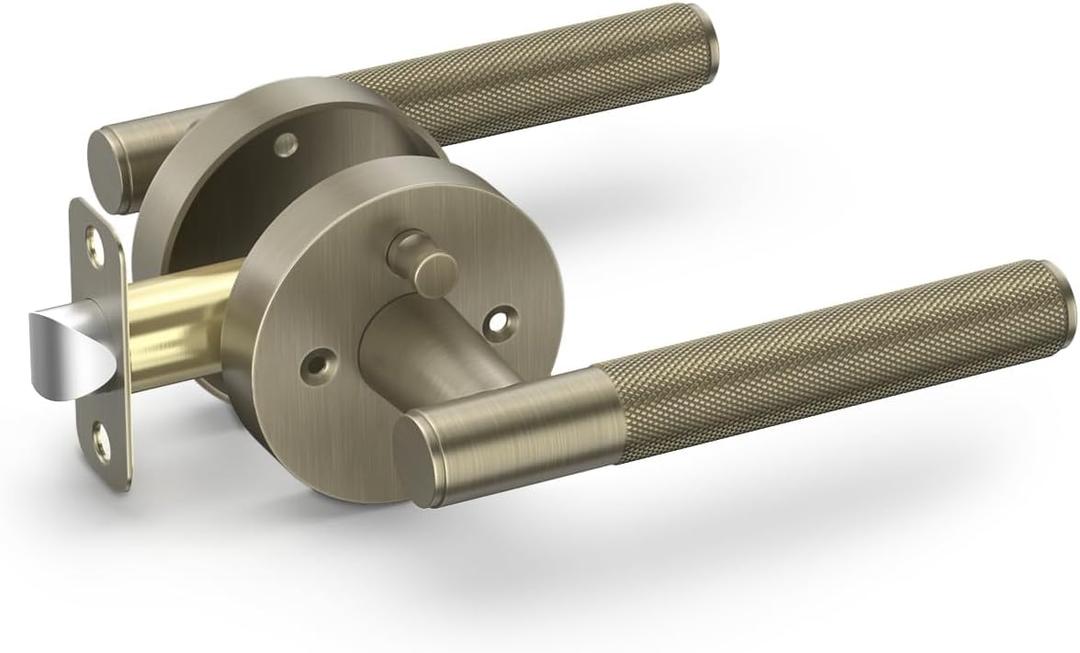 Asidrama 1 Pack Brushed Antique Brass Privacy Door Handles, Door Lever with Door Knobs Indoor for Bedroom or Bathroom, Heavy Duty Door Handles Interior with Locks for Left Right Sided Doors