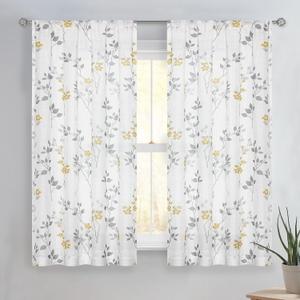 Beauoop Floral Linen Semi Sheer Curtains Living Room Yellow Grey 50x54x2 | Farmhouse Flower Patterned Yellow White Light Filtering Drapes for Bedroom 2 Panels Textured Window Treatment Rod Pocket