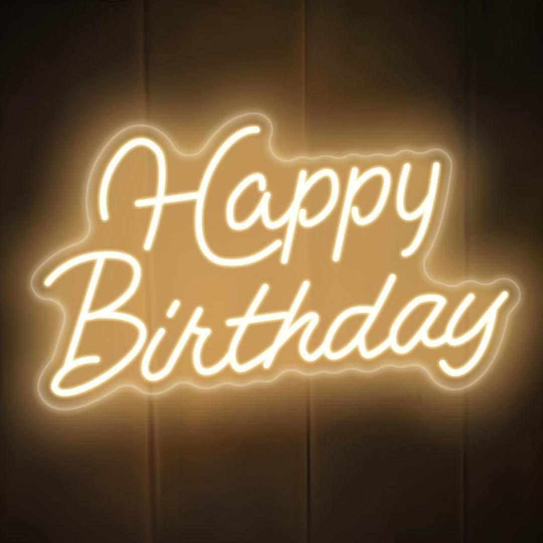 Happy Birthday Neon Sign for Wall Decor,Led Happy Birthday Neon Light Sign,USB Powered Dimmable Light Up Sign for Birthday Party Backdrop Decoration, Warm White, 16.5x9.8 inch
