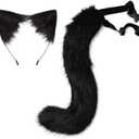Cat Ears Headband Wolf Fox Tail Set Handmade Animal Cosplay Costume Faux Fur Headdress Party Accessories (Black)