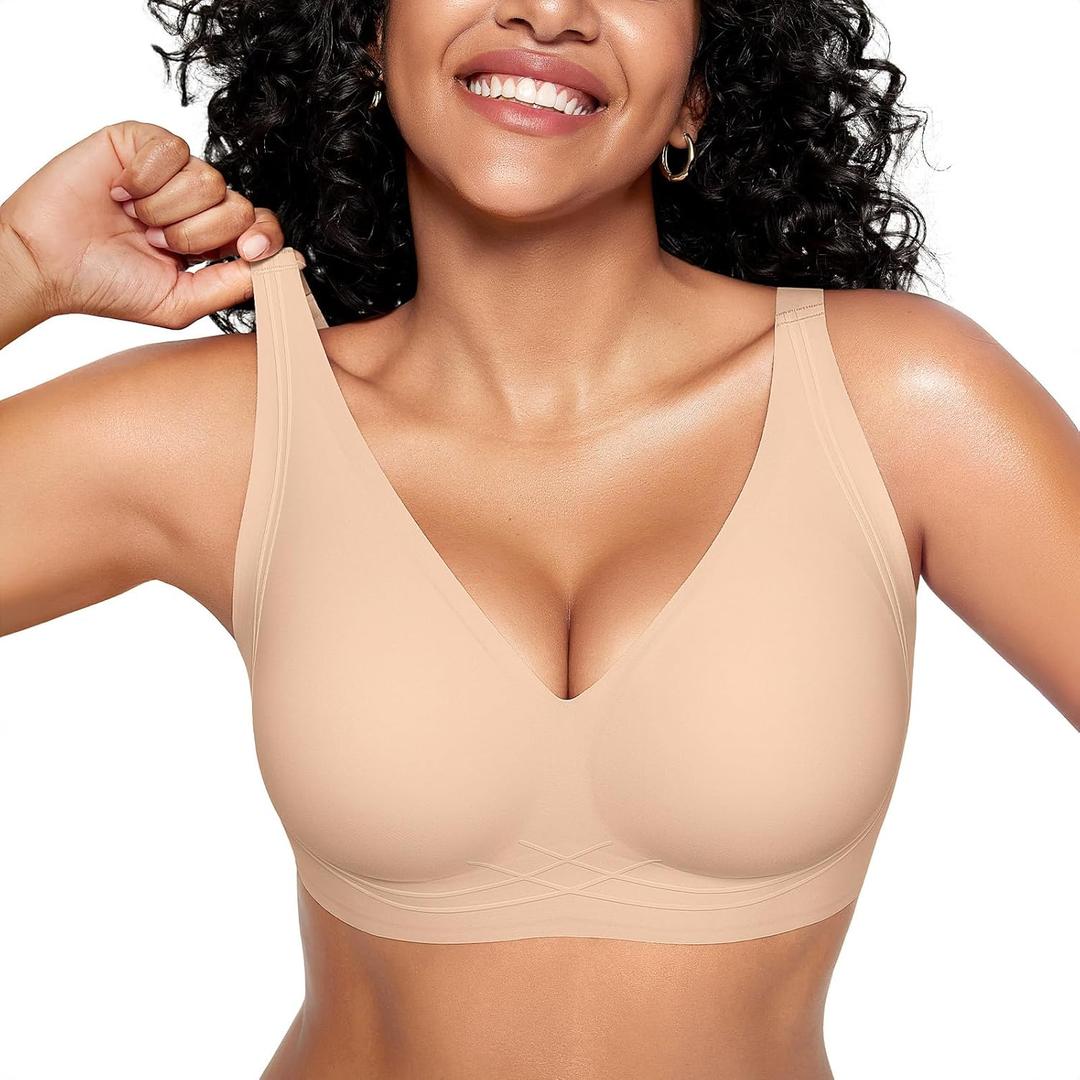 Seamless Wireless Bras for Women Full Coverage Push Up Bra Comfortable No Underwire Bralettes Deep V with Support and Lift (Medium, Skin)
