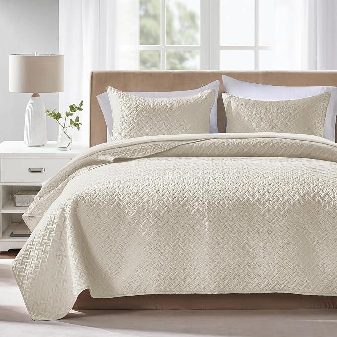 FLYMME Quilts Queen Size,Lightweight Cream Bedspreads,Basket Weave Pattern,Ultra Soft Microfiber Bed Coverlet 3 Pieces for All-Seasons (1 Quilt,2 Pillow Shams)