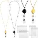 Outus 2 Pieces Badge Lanyard with ID Holders Stainless Steel Badge Name Tag Holders Necklace Retractable Reel Clip Chain Water Resistant for School Office(Gold, Black)