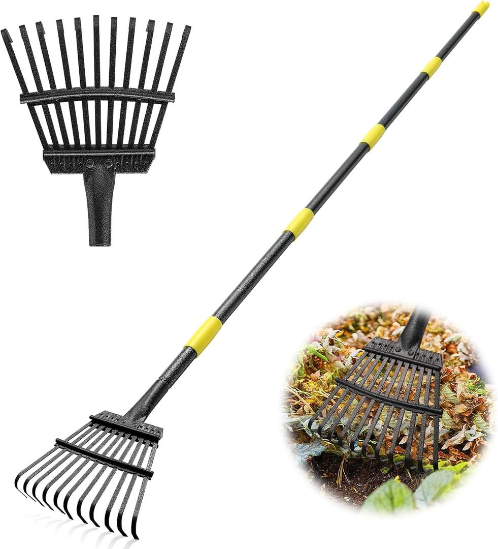 Garden Rake for Leaves - Heavy Duty Metal Leaf Rakes for Yard,Lawn,Shrub,Grass,Mulch,8.5" Small Head,6ft Adjustable Handle for Kids Adults (11tine, matte black)