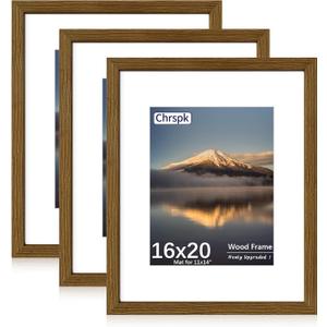 16x20 Poster Frame, Display Pictures 11X14 with Mat or 16x20 Without, Wall Hanging Frames, Rustic Brown, 3 Pack