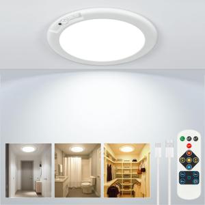 Rechargeable Ceiling Light, No Wiring Battery Operated Ceiling Lights with Remote, Closet Lights Motion Sensor Light Indoor Dimmable Timing Overhead Shower Light for Bathroom Pantry Hallway Porch (1 Pack, Multicolor)