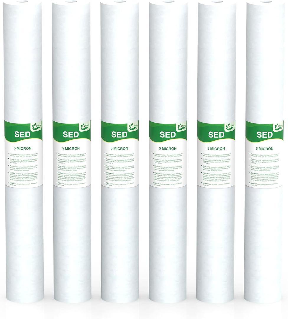 5 Micron Water Filter 20" x 2.5" Replacement Cartridge, 20-inch Sediment Pre-Filters for Whole House Water Filtration/Water Softener Systems, 6-Pack