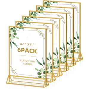 8.5x11 Picture Frame Gold Acrylic Sign Holder, Double Sided Gold Frames Display Stand for Wedding Signs Table Numbers, Pack of 6