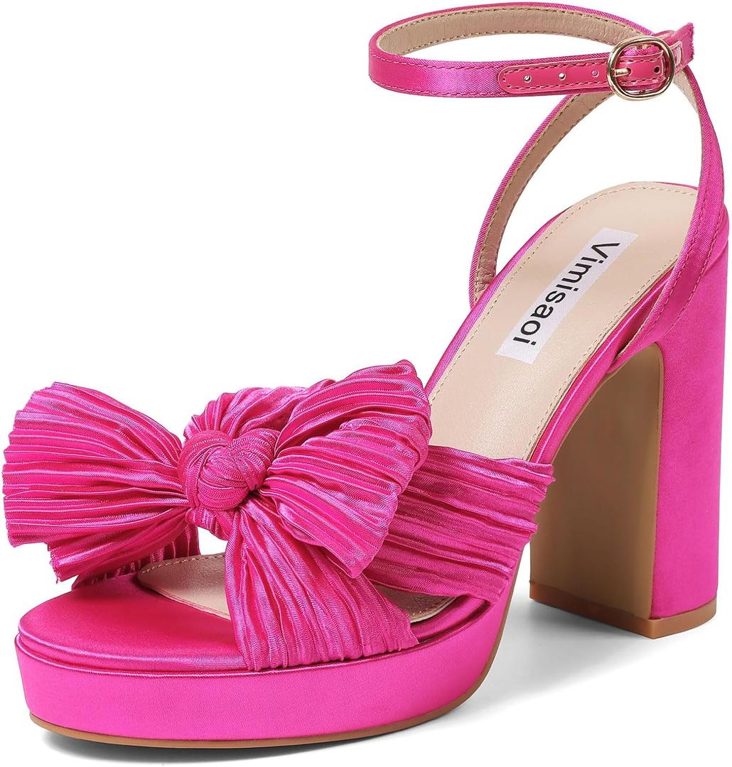 VIMISAOI Women's Bow Knot Platform Heels Open Toe Chunky Heeled Sandals Ankle Strap Comfortable Wedding Party Dress Shoes for Bride (Pink, 6)