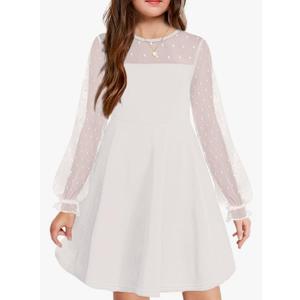 Arshiner Girl's Contrast Mesh Puff Long Sleeve High Waist A Line Short Dress with Pockets 165, 14-16 Years