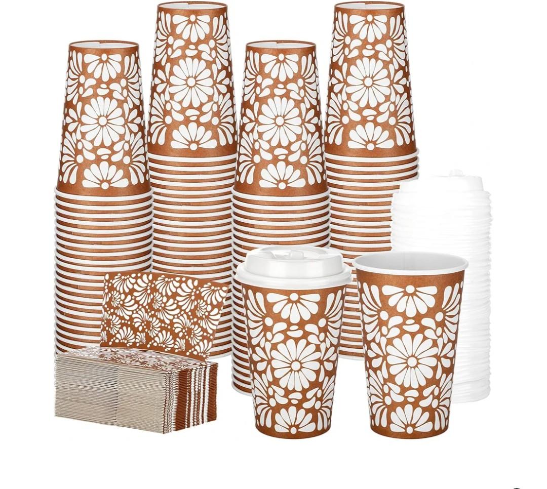 100 Sets of Barro Coffee Cup with Lid and Sleeve 12oz Coffee Mexican Paper Cup, Disposable Paper Drinking Mug for Cafe Shop Birthday Wedding Bridal Shower, Tea Party Cielito Lindo Party Supply