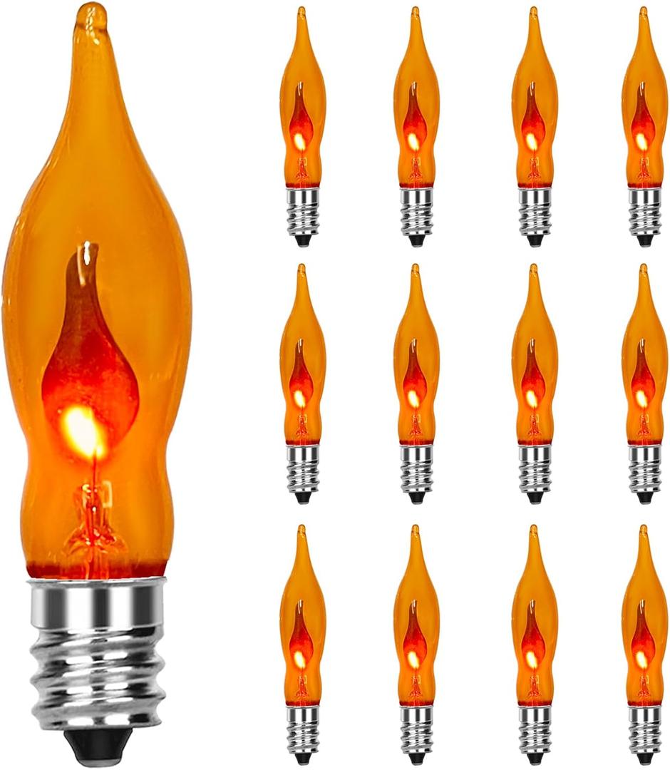 SUNSGNE E12 Flickering Flame Orange Night Light Bulbs, C18 String Light Bulbs for Halloween Christmas Party Decor - 1Watt/120 Volts/E12 Base(12 Pack)