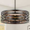 19.7'' Farmhouse Chandeliers for Dining Room, 5-Light Industrial Black Hanging Light Fixture, Rustic Pendant Light for Entryway, Foyer Bedroom, Kitchen Island Lighting, Retro Wood Textures Interior (20 inch)