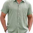 Mens Linen Shirt Short Sleeve Wrinkle Free Casual Untucked Button Down Shirts Beach Breathable Tops Summer (Green, L)