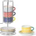 Selamica Ceramic Espresso Cups with Saucers and Metal Stand, 2.5 OZ Stackable Demitasse Cups for Espresso Latte Caf Mocha Tea, Set of 4, Assorted Colors