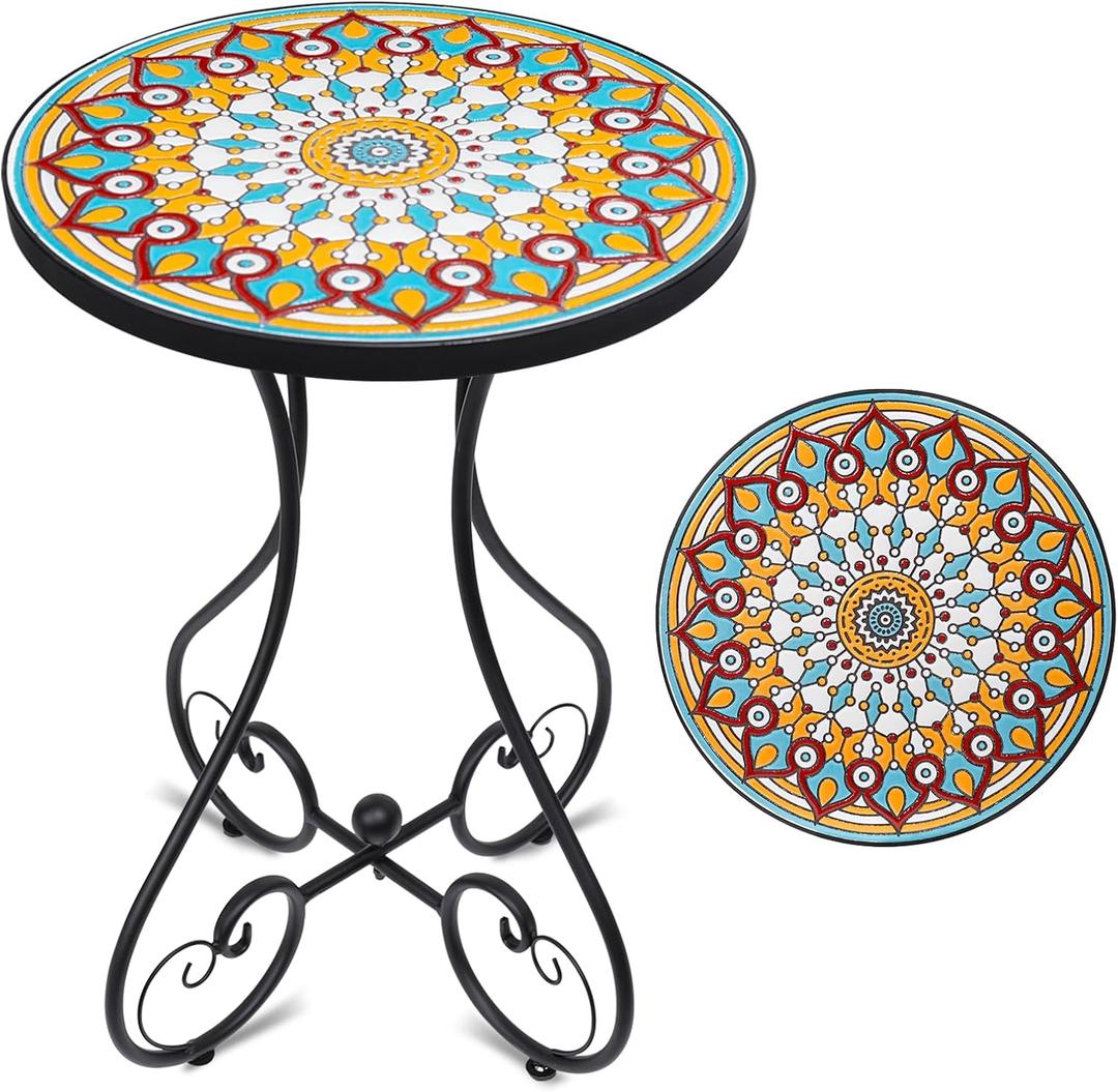 VCUTEKA Mosaic Outdoor Side Table, Round Rustproof Patio Table with 14" Ceramic Tile Top, Indoor Porch Accent Table for Yard, Garden, Living Room, Bistro Balcony, Round, 14-inch Diameter