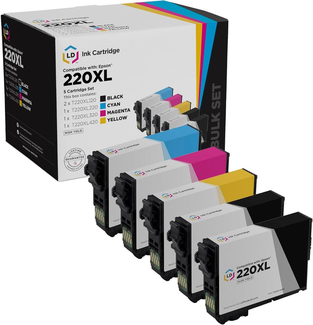 LD Products Remanufactured Replacement for Epson 220XL Ink Cartridges 220 XL (2 T220XL120 Black 1 T220XL220 Cyan 1 T220XL320 Magenta 1 T220XL420 Yellow 5-Pack) for XP-320 XP 420 WF-2650 WF2660 WF-2750