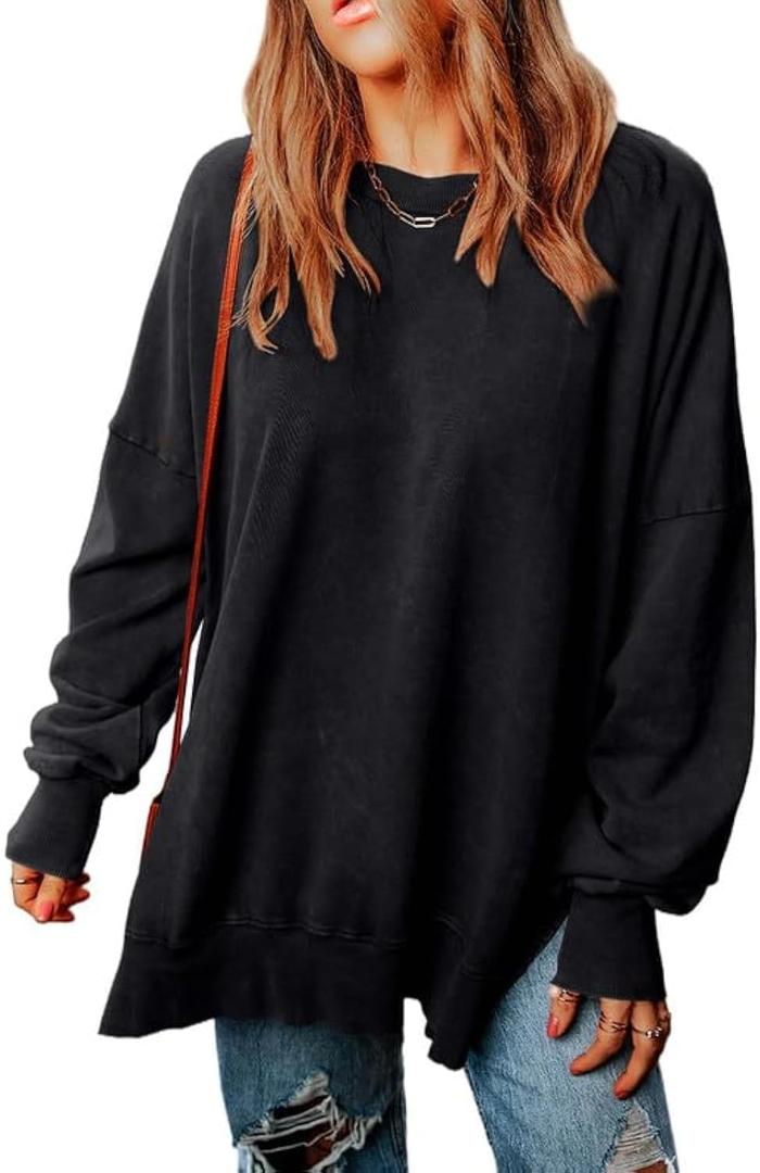 SHEWIN Sweatshirt for Women Loose Fit Casual Long Sleeve Lightweight Pullover Tops Loose Crewneck Sweatshirts Fall Outfits Women Trendy,US 8-10(M),Black
