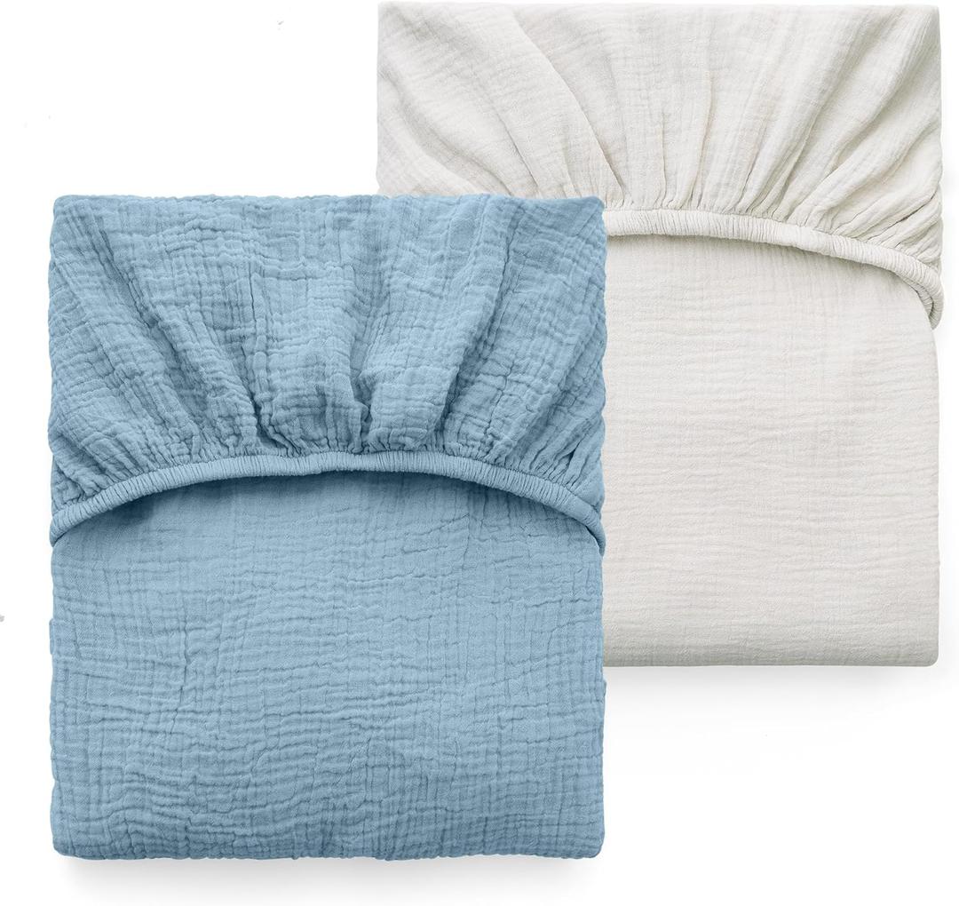 Muslin Standard Fitted Crib Sheets, 52"x28", 2 Pack Soft Breathable Natural Cotton Baby Mattress Sheet, 360° Mattress Wrapping No Slip Boys Girls Neutral Toddler Bed Sheet, Grey Blue