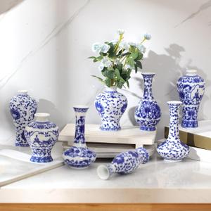 Dandat 8 Pcs Mini Chinoiserie Bud Vases Ceramic Blue and White Floral Chinese Porcelain Vase Set for Shelf Table Centerpieces Home Decor(Rustic)