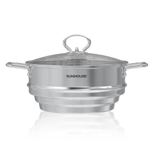 SUNHOUSE 5 Quart Stainless Steel Steamer Insert – Multi-Purpose Soup & Food Steamer with Stay-Cool Handles & Heavy-Duty Glass Lid – Fits Various Pot Sizes (8", 9", 9.5")