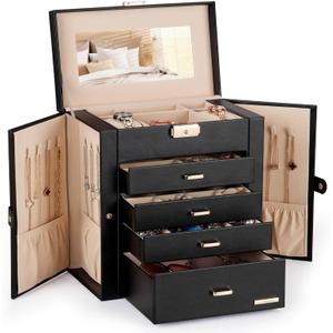 Homde Mothers Day Gifts Synthetic Leather Huge Jewelry Box Mirrored Watch Organizer Necklace Ring Earring Storage Lockable Gift Case (Black + Gold)