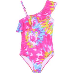 Snowheart Girls Swimsuit Adjustable Shoulder Strap UPF50+ One-Shoulder Ruffle Bathing Suit 3-12T (Pink Graffiti)
