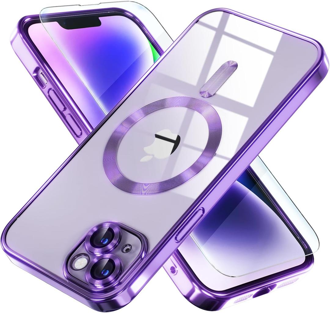 Misea Magnetic for iPhone 14 Plus Case Compatible with MagSafe [Never Yellowing] [Military Grade Drop Protection] Full Camera Lens Protector Plating Soft Clear Phone Case for Women Girls, Purple