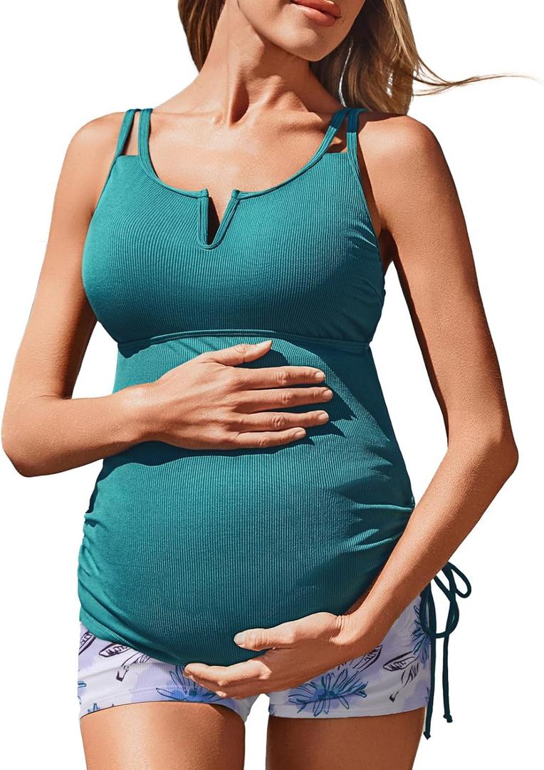 Ribbed Maternity Two-Piece Swimsuit Tankini V-Wire Bathing Suit Ruched Tie Side Pregnancy High Waisted Swimwear (14, Blue Floral)