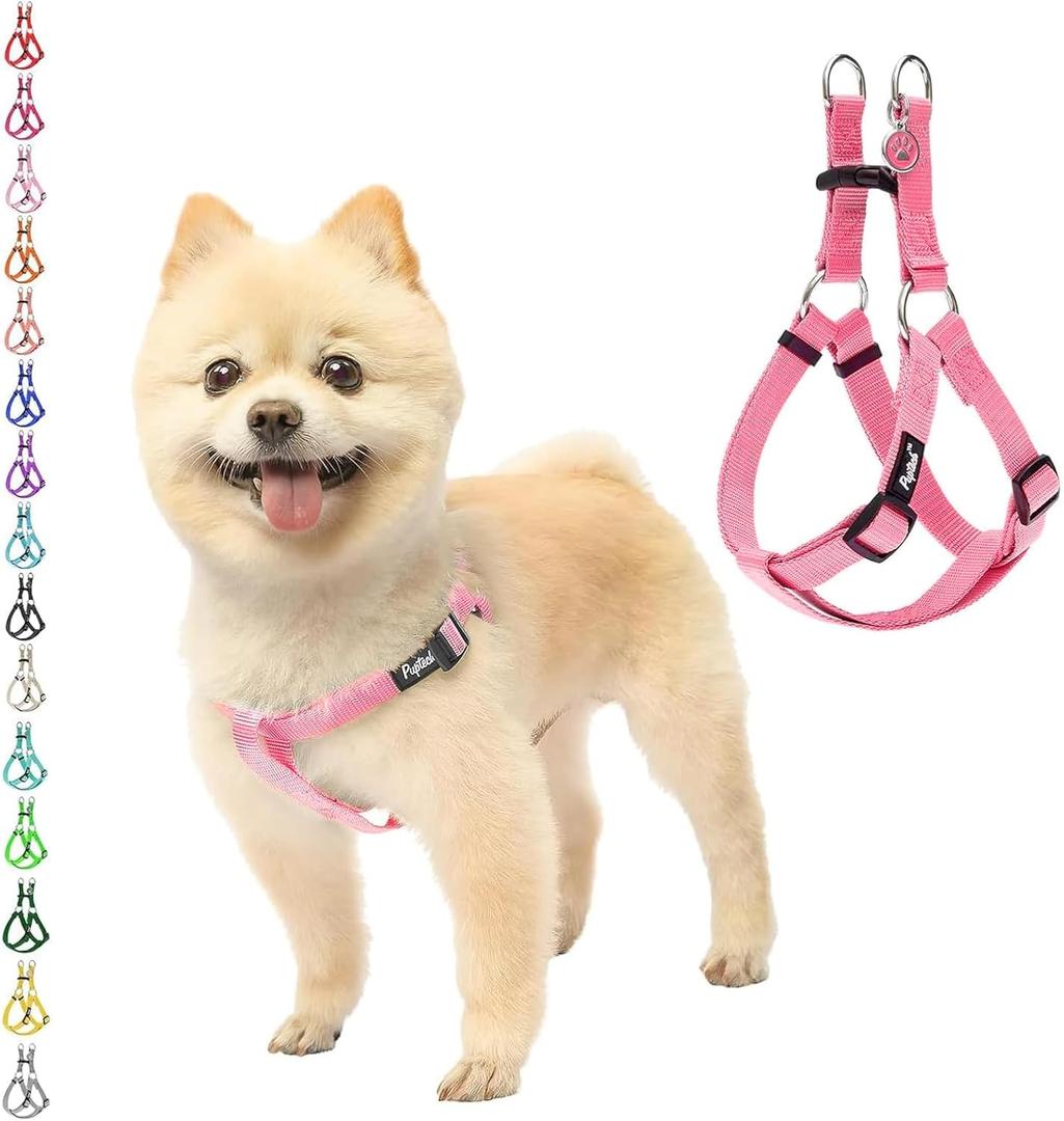 PUPTECK No Pull Dog Harness Soft Adjustable Basic Nylon Step in Puppy Vest Outdoor Walking with ID Tag (Small, LightPink)