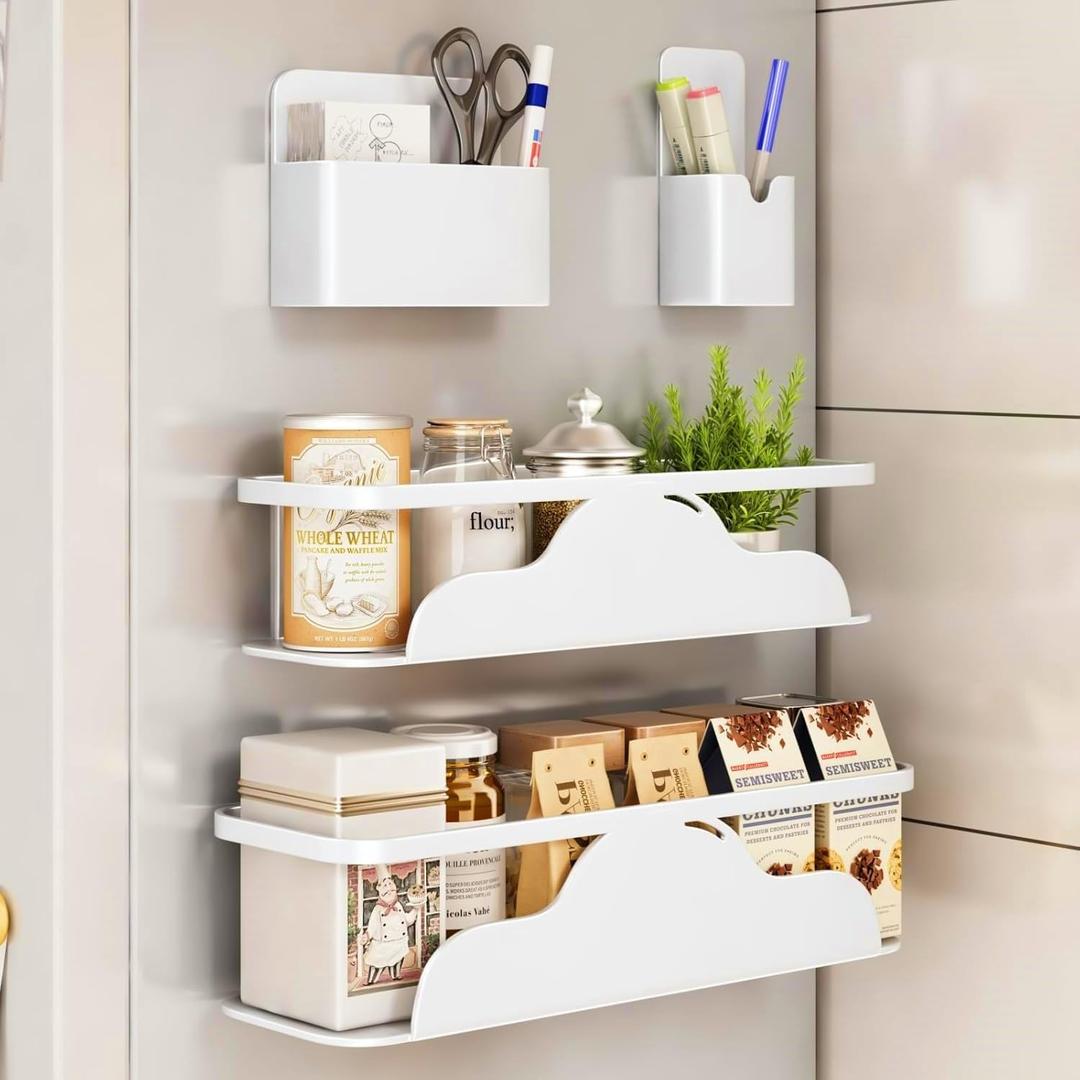 VOLPONE 4 Pack Magnetic Spice Rack for Refrigerator Metal Magnetic Shelf for Fridge and Magnetic Pen Holder Heavy Duty Fridge Magnet Organizer White