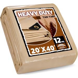 RAINDEWAY 20x40 Feet Heavy Duty Tarp,12 Mil Tan Waterproof Poly Tarp Cover,UV Resistant,Weatherproof,Durable,Multipurpose Tarps with Grommets and Reinforced Edges