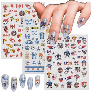 6 x Soccer Nail Art Stickers, 3 Sheets USA Canada Argentina Country Flag Football Nail Decals, Waterproof Self-Adhesive World Cup Sports Nail Decorations for Women Girls Kids Game Day Manicure