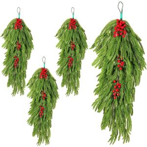 4Pcs 35" Extra Length Artificial Christmas Teardrop Swag, Faux Pine Needles Teardrop, Xmas Greenery Norfolk Wreath with Red Fruit, for Table, Door, Mantle, Fireplace Indoor and Outdoor Decor