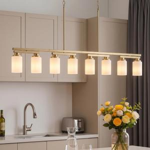 8-Light Brushed Gold Linear Chandelier,60" Dining Room Light Fixture